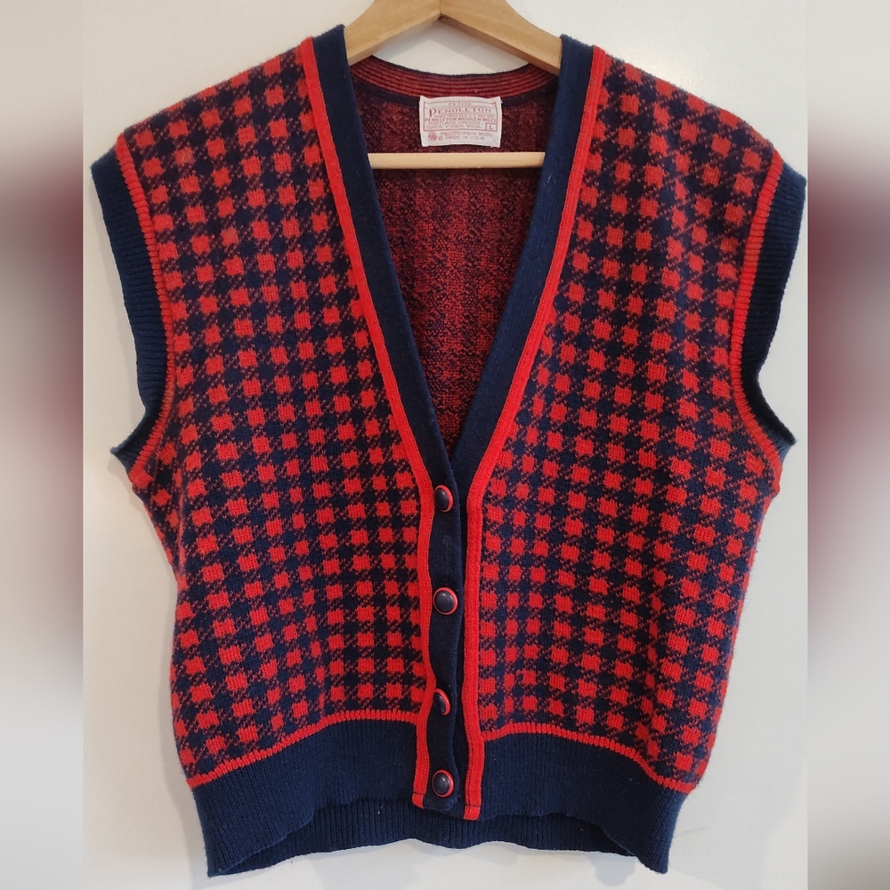 Vintage Made in USA Pendleton Red and Blue Checkered Wool Sweater Vest